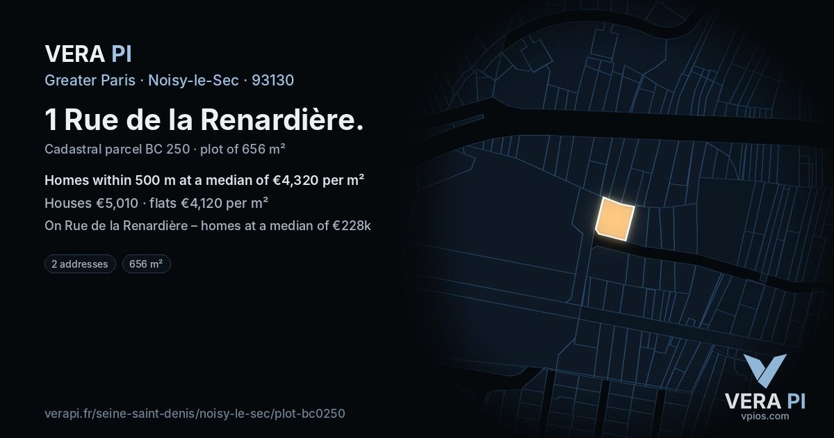 1 Rue de la Renardière, Noisy-le-Sec at night – the plot lit, the parcels around coloured by the prices near them