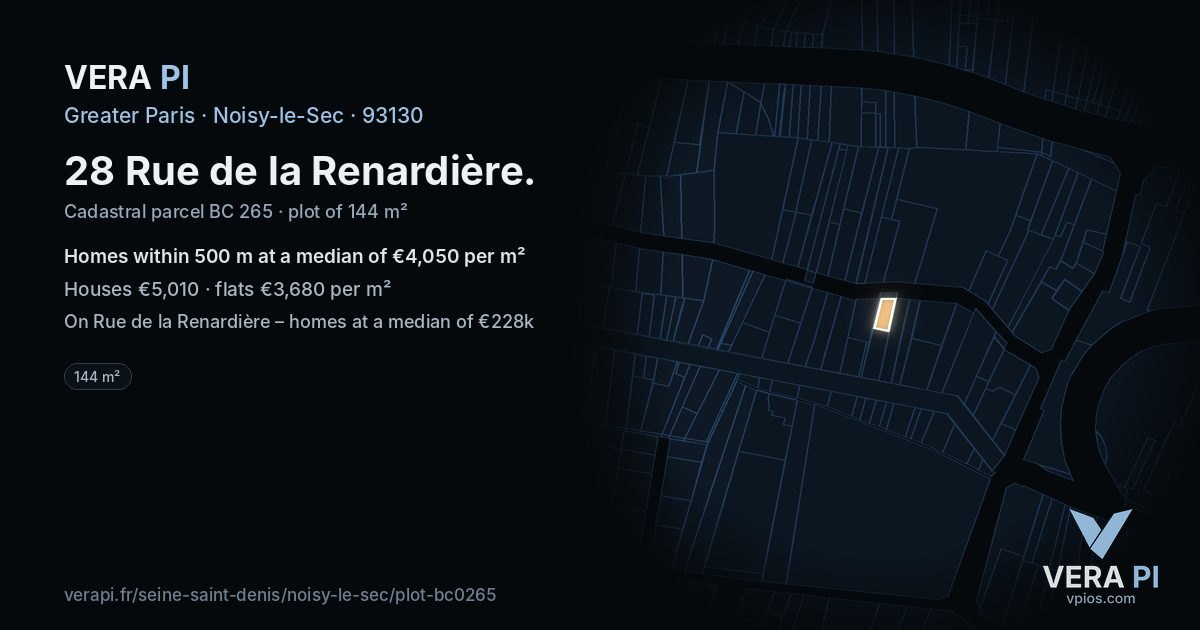 28 Rue de la Renardière, Noisy-le-Sec at night – the plot lit, the parcels around coloured by the prices near them