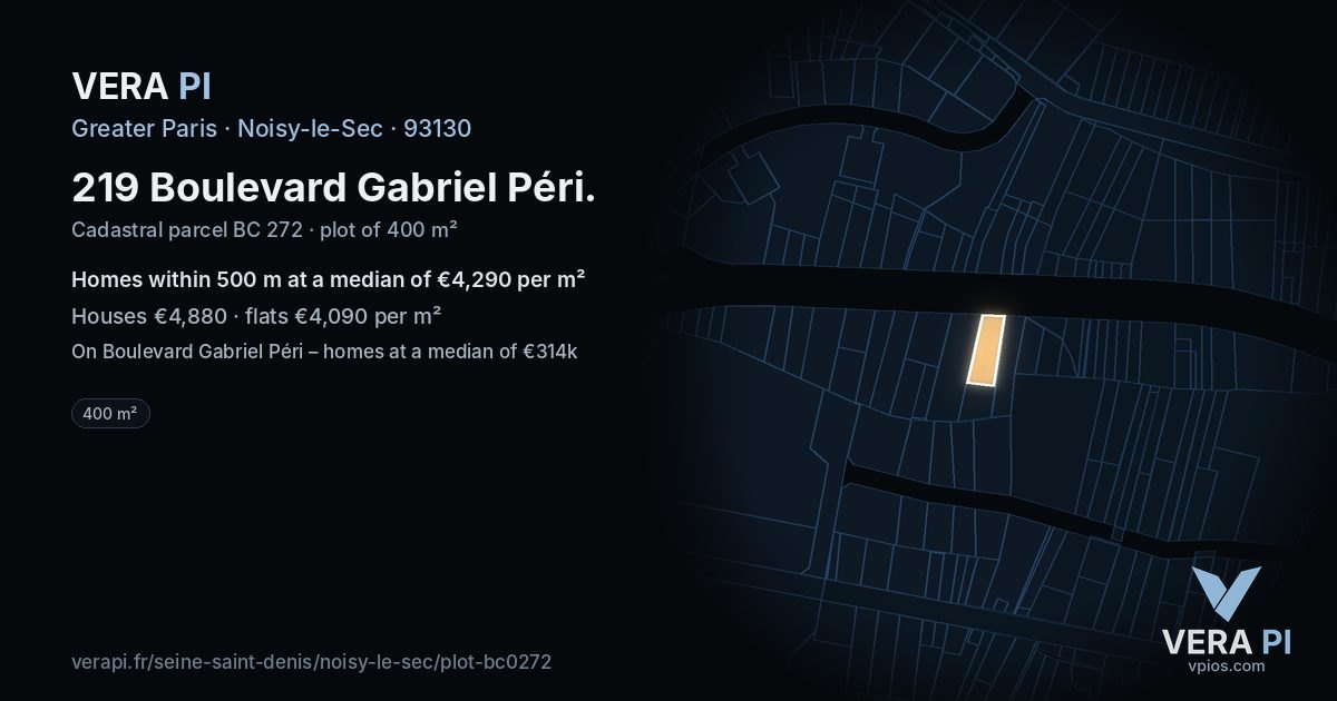 219 Boulevard Gabriel Péri, Noisy-le-Sec at night – the plot lit, the parcels around coloured by the prices near them