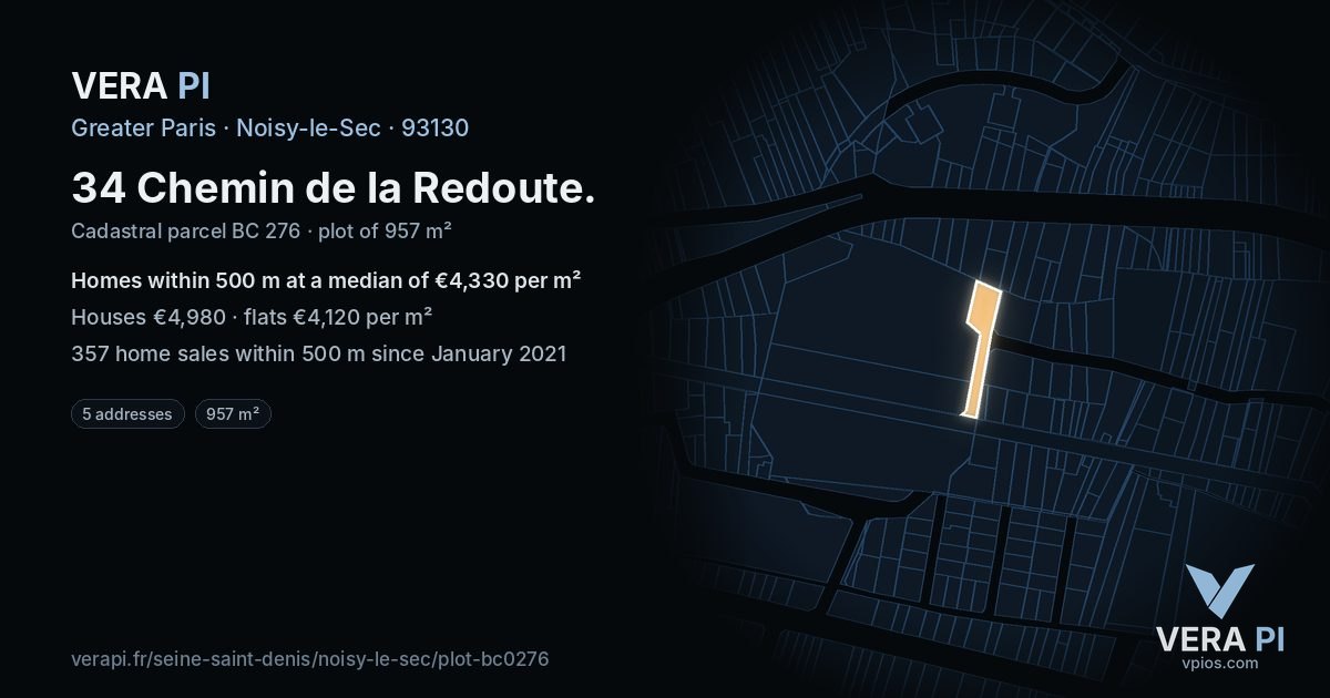 34 Chemin de la Redoute, Noisy-le-Sec at night – the plot lit, the parcels around coloured by the prices near them