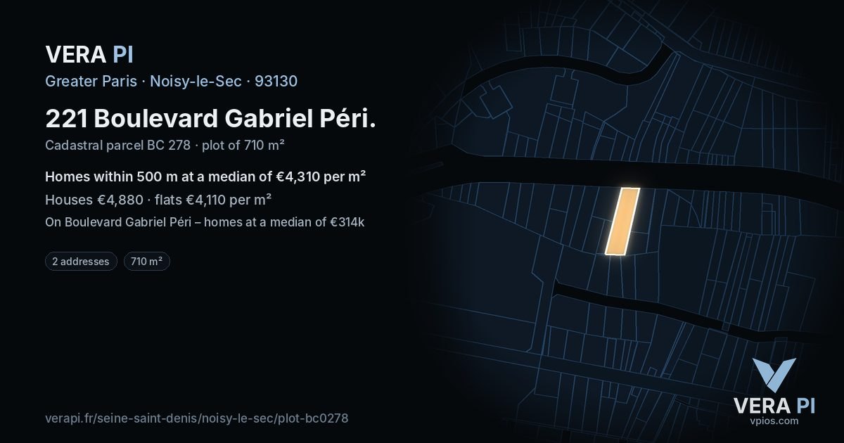 221 Boulevard Gabriel Péri, Noisy-le-Sec at night – the plot lit, the parcels around coloured by the prices near them