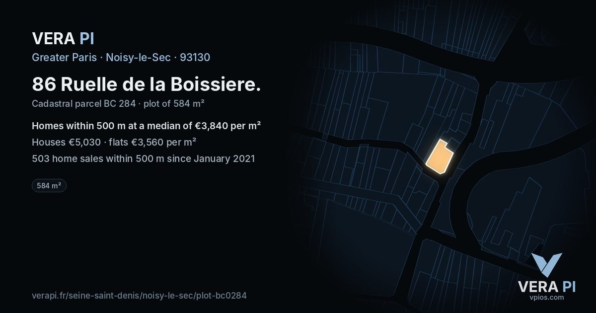 86 Ruelle de la Boissiere, Noisy-le-Sec at night – the plot lit, the parcels around coloured by the prices near them