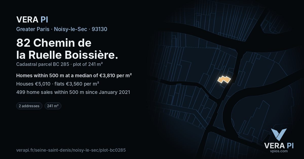 82 Chemin de la Ruelle Boissière, Noisy-le-Sec at night – the plot lit, the parcels around coloured by the prices near them
