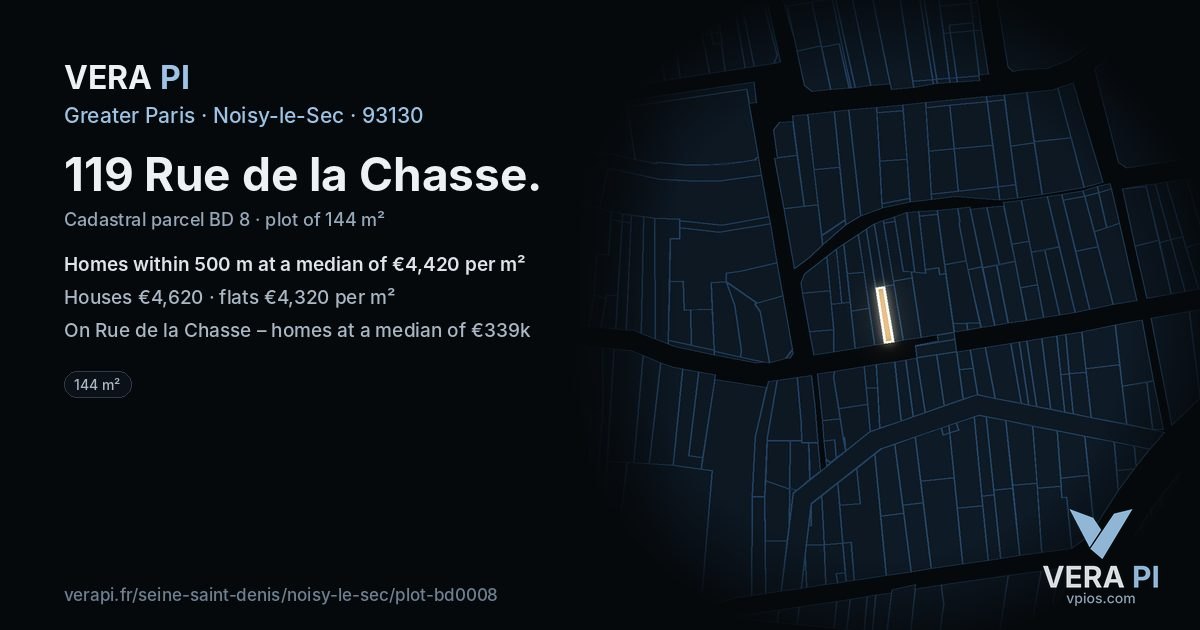 119 Rue de la Chasse, Noisy-le-Sec at night – the plot lit, the parcels around coloured by the prices near them