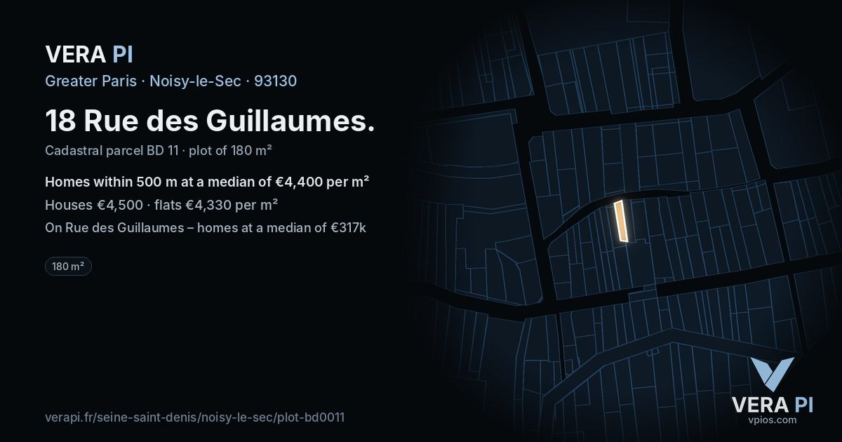 18 Rue des Guillaumes, Noisy-le-Sec at night – the plot lit, the parcels around coloured by the prices near them