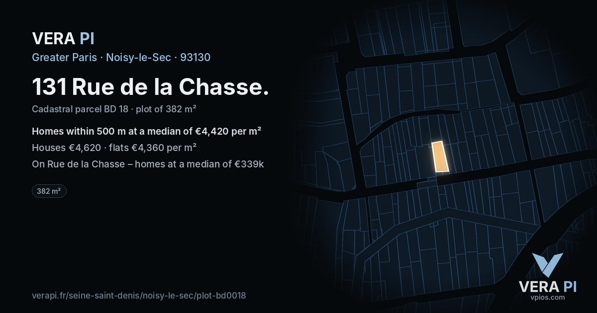 131 Rue de la Chasse, Noisy-le-Sec at night – the plot lit, the parcels around coloured by the prices near them