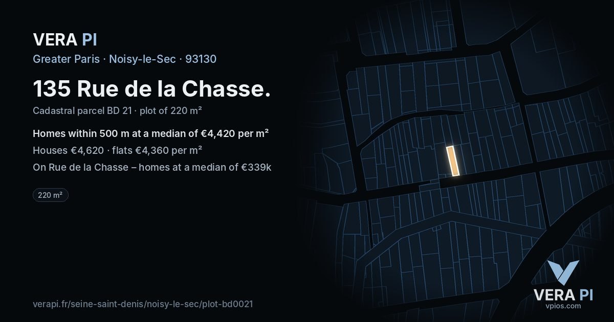 135 Rue de la Chasse, Noisy-le-Sec at night – the plot lit, the parcels around coloured by the prices near them