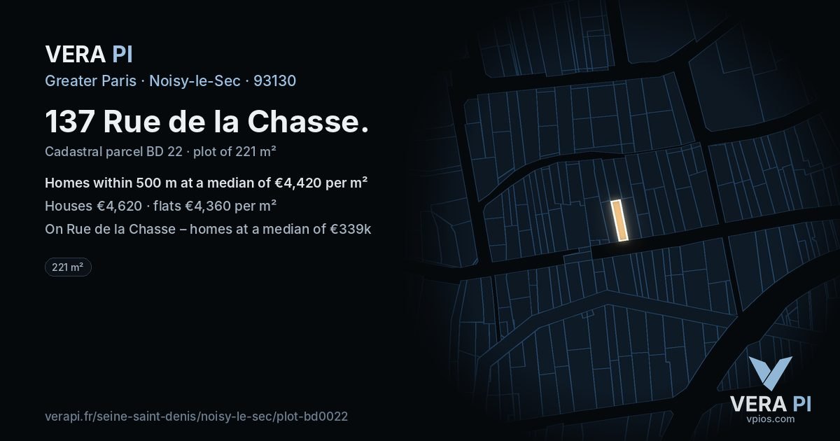 137 Rue de la Chasse, Noisy-le-Sec at night – the plot lit, the parcels around coloured by the prices near them