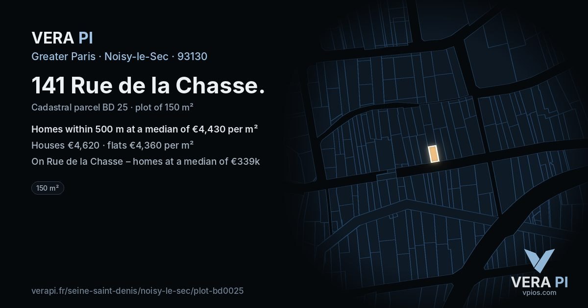 141 Rue de la Chasse, Noisy-le-Sec at night – the plot lit, the parcels around coloured by the prices near them