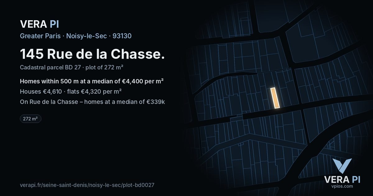 145 Rue de la Chasse, Noisy-le-Sec at night – the plot lit, the parcels around coloured by the prices near them