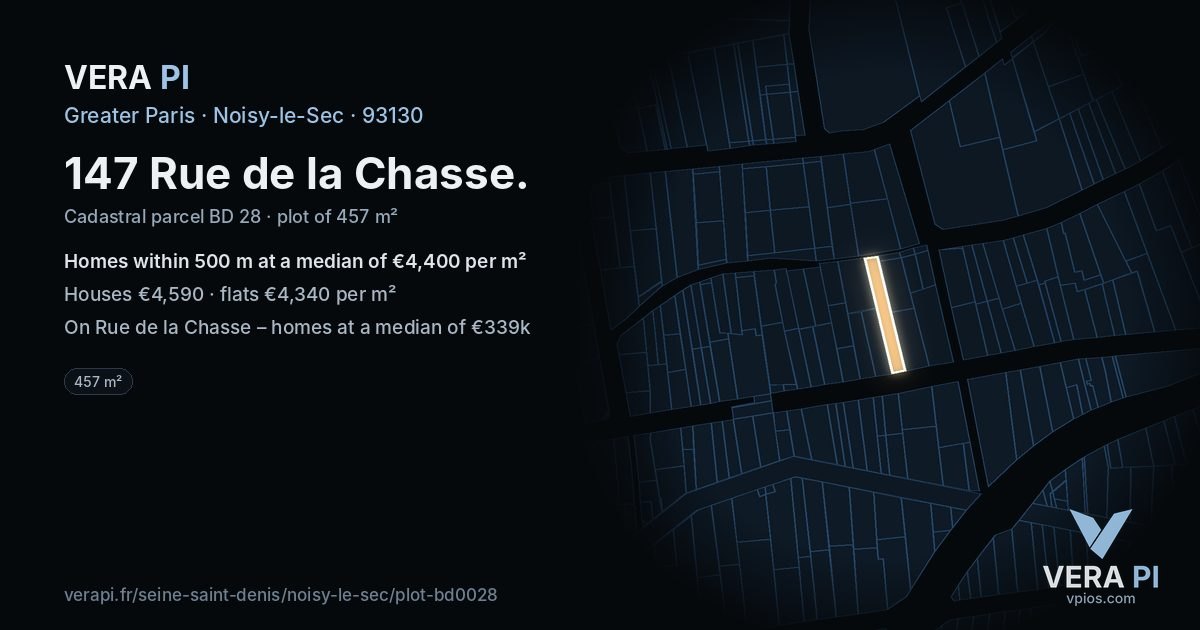 147 Rue de la Chasse, Noisy-le-Sec at night – the plot lit, the parcels around coloured by the prices near them