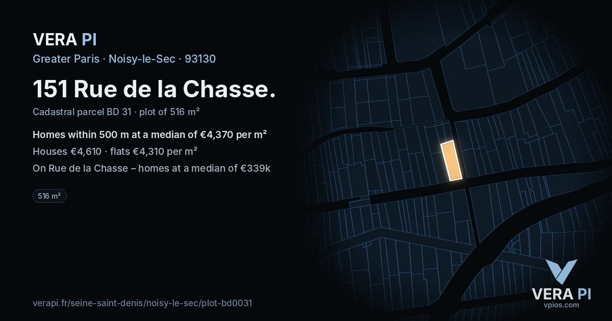 151 Rue de la Chasse, Noisy-le-Sec at night – the plot lit, the parcels around coloured by the prices near them