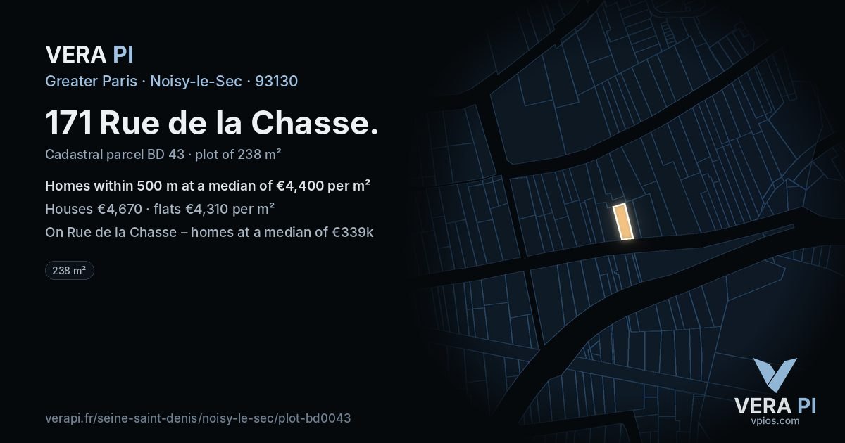 171 Rue de la Chasse, Noisy-le-Sec at night – the plot lit, the parcels around coloured by the prices near them