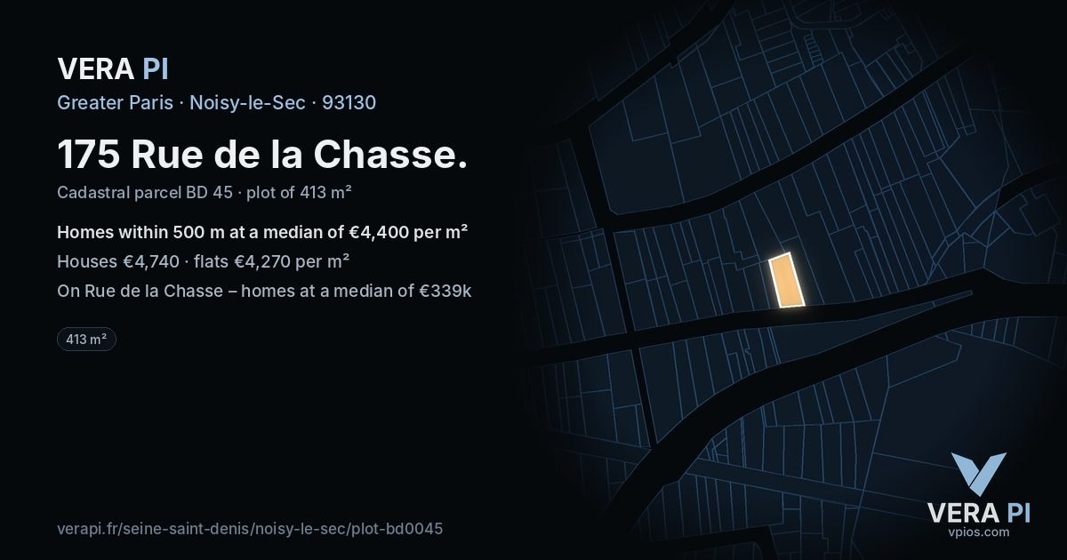 175 Rue de la Chasse, Noisy-le-Sec at night – the plot lit, the parcels around coloured by the prices near them