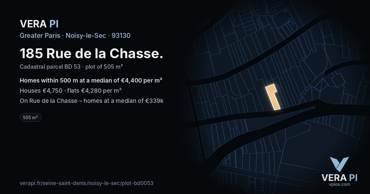 185 Rue de la Chasse, Noisy-le-Sec at night – the plot lit, the parcels around coloured by the prices near them