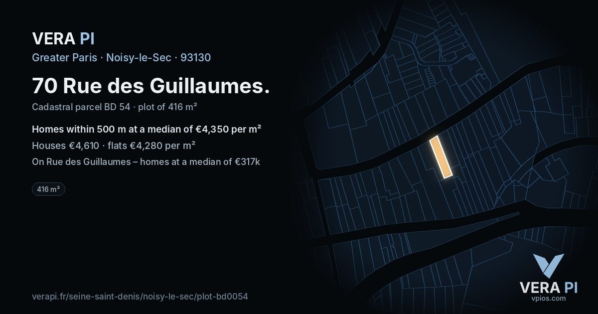 70 Rue des Guillaumes, Noisy-le-Sec at night – the plot lit, the parcels around coloured by the prices near them
