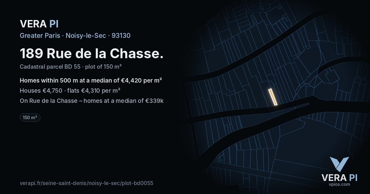189 Rue de la Chasse, Noisy-le-Sec at night – the plot lit, the parcels around coloured by the prices near them