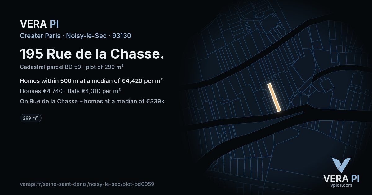 195 Rue de la Chasse, Noisy-le-Sec at night – the plot lit, the parcels around coloured by the prices near them