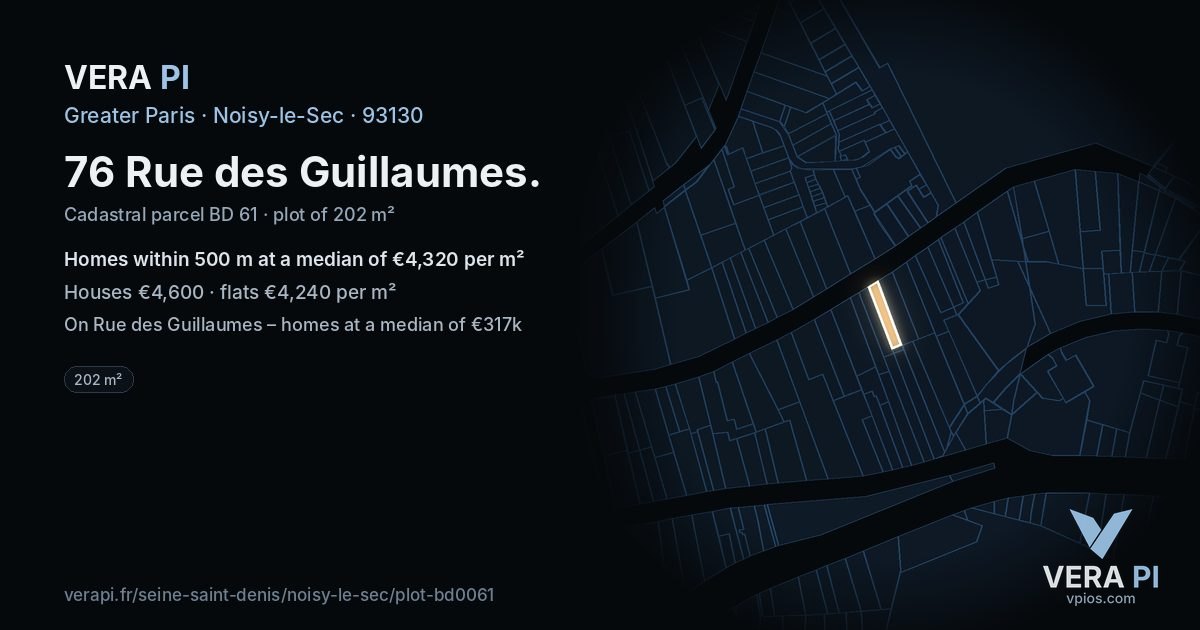 76 Rue des Guillaumes, Noisy-le-Sec at night – the plot lit, the parcels around coloured by the prices near them