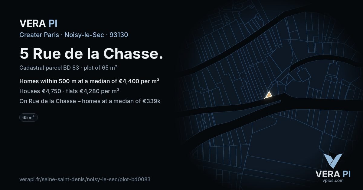 5 Rue de la Chasse, Noisy-le-Sec at night – the plot lit, the parcels around coloured by the prices near them