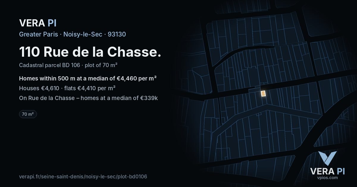 110 Rue de la Chasse, Noisy-le-Sec at night – the plot lit, the parcels around coloured by the prices near them