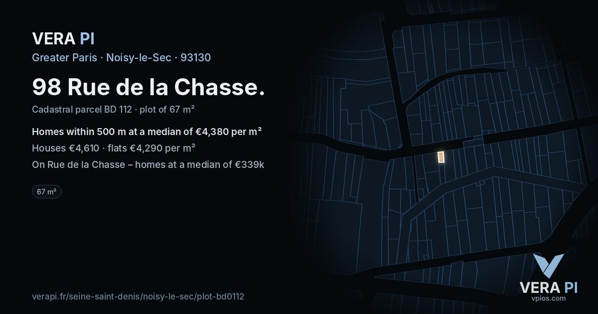 98 Rue de la Chasse, Noisy-le-Sec at night – the plot lit, the parcels around coloured by the prices near them