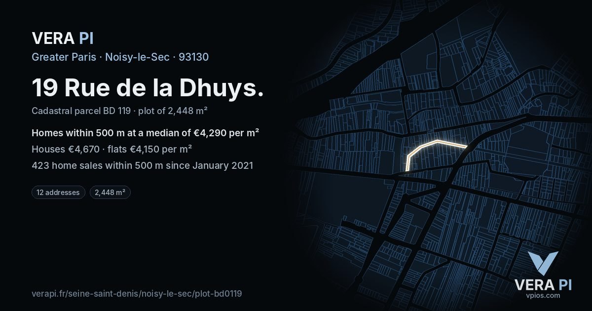 19 Rue de la Dhuys, Noisy-le-Sec at night – the plot lit, the parcels around coloured by the prices near them
