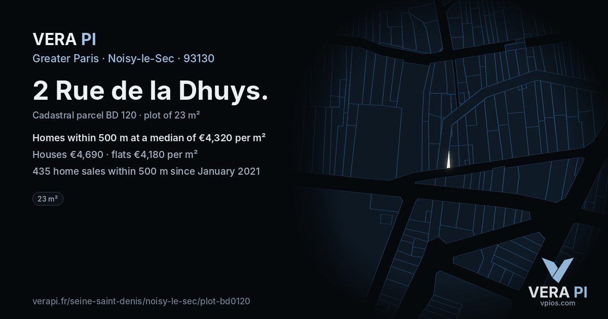 2 Rue de la Dhuys, Noisy-le-Sec at night – the plot lit, the parcels around coloured by the prices near them