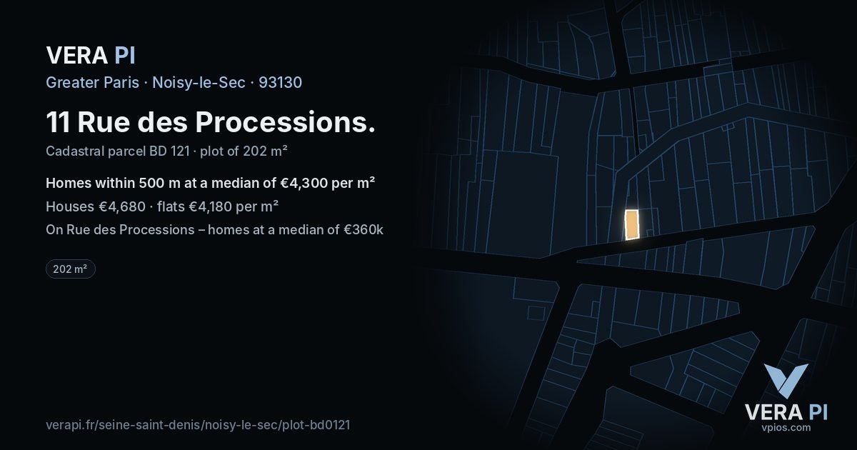 11 Rue des Processions, Noisy-le-Sec at night – the plot lit, the parcels around coloured by the prices near them