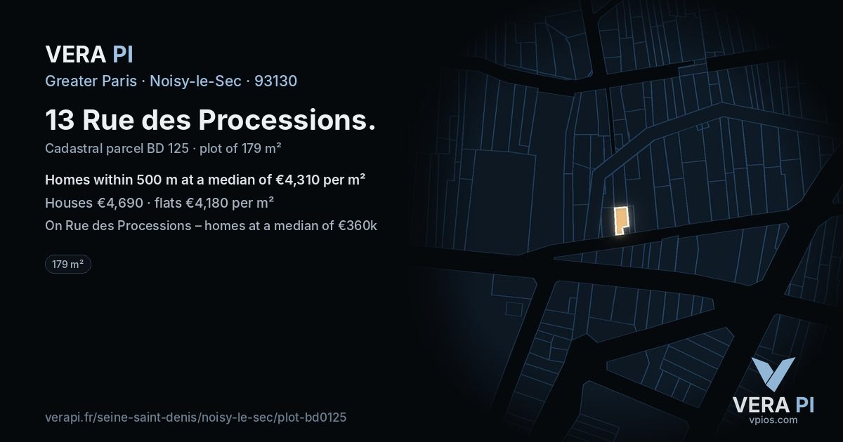 13 Rue des Processions, Noisy-le-Sec at night – the plot lit, the parcels around coloured by the prices near them