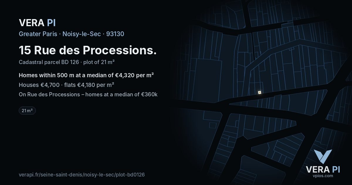 15 Rue des Processions, Noisy-le-Sec at night – the plot lit, the parcels around coloured by the prices near them