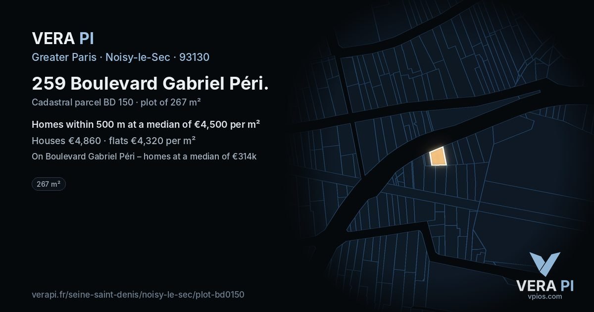259 Boulevard Gabriel Péri, Noisy-le-Sec at night – the plot lit, the parcels around coloured by the prices near them