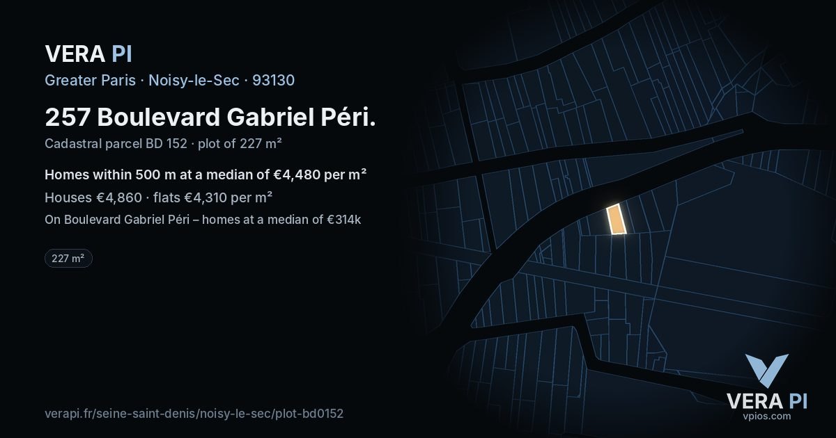 257 Boulevard Gabriel Péri, Noisy-le-Sec at night – the plot lit, the parcels around coloured by the prices near them