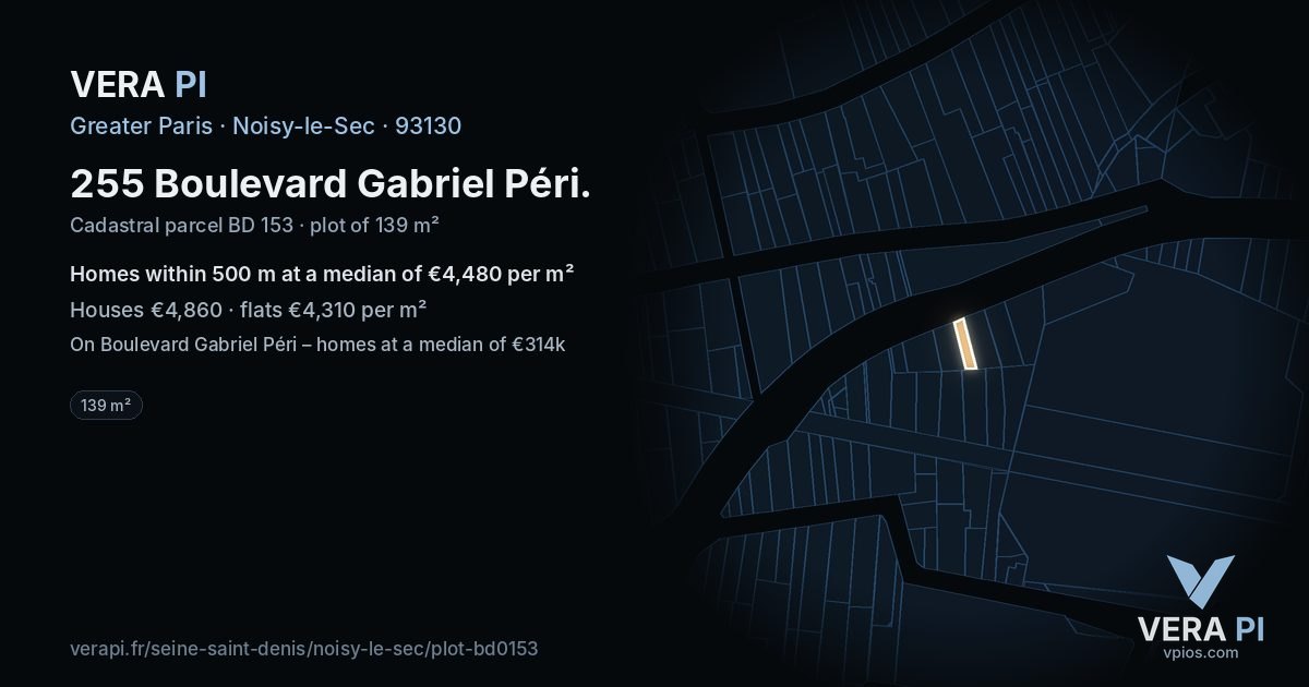 255 Boulevard Gabriel Péri, Noisy-le-Sec at night – the plot lit, the parcels around coloured by the prices near them