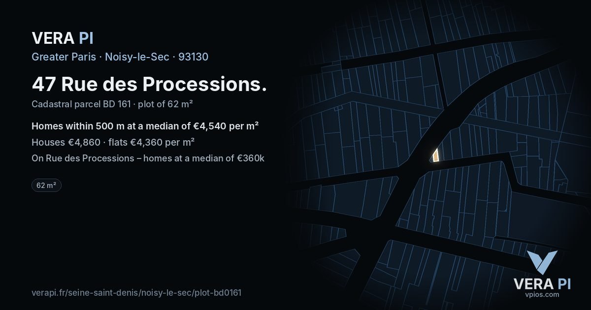 47 Rue des Processions, Noisy-le-Sec at night – the plot lit, the parcels around coloured by the prices near them