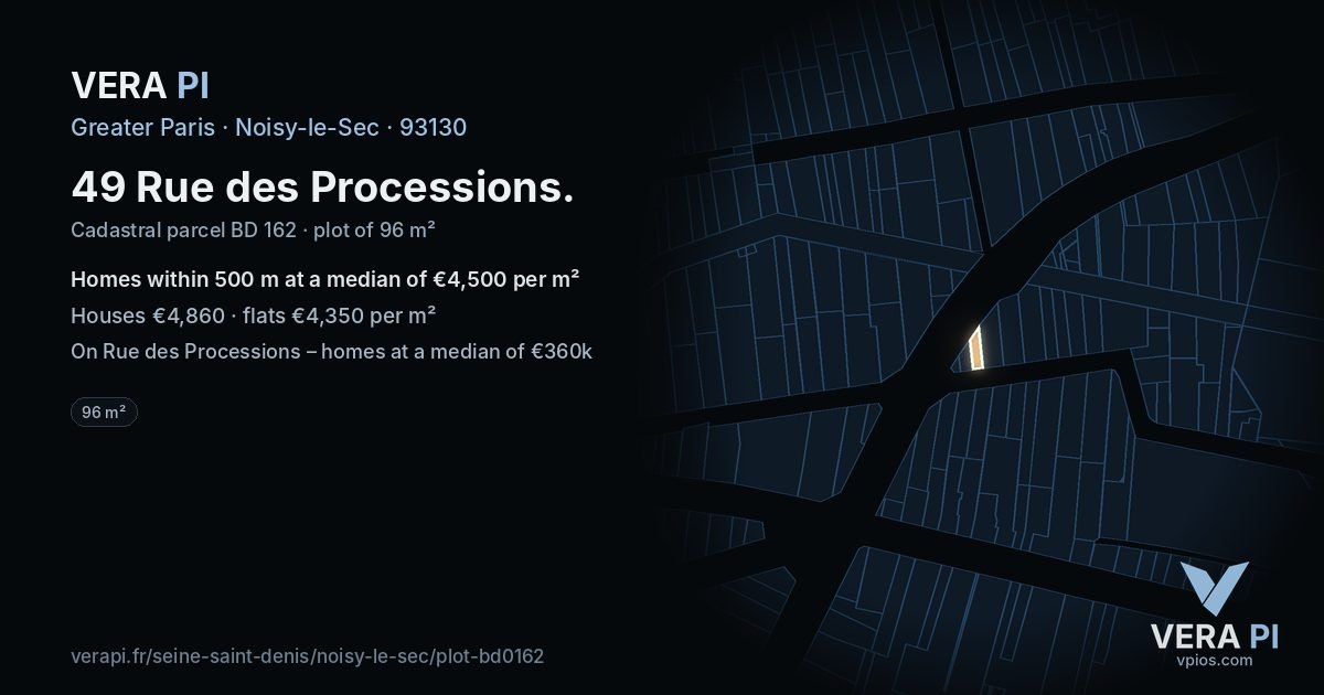 49 Rue des Processions, Noisy-le-Sec at night – the plot lit, the parcels around coloured by the prices near them