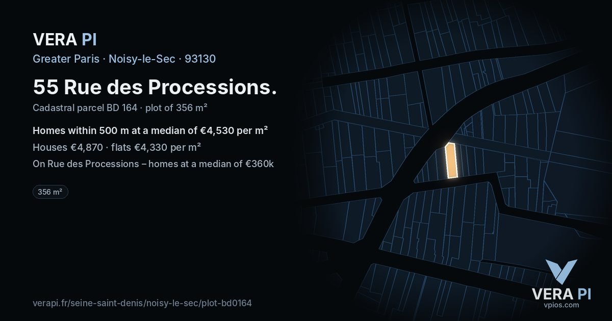 55 Rue des Processions, Noisy-le-Sec at night – the plot lit, the parcels around coloured by the prices near them