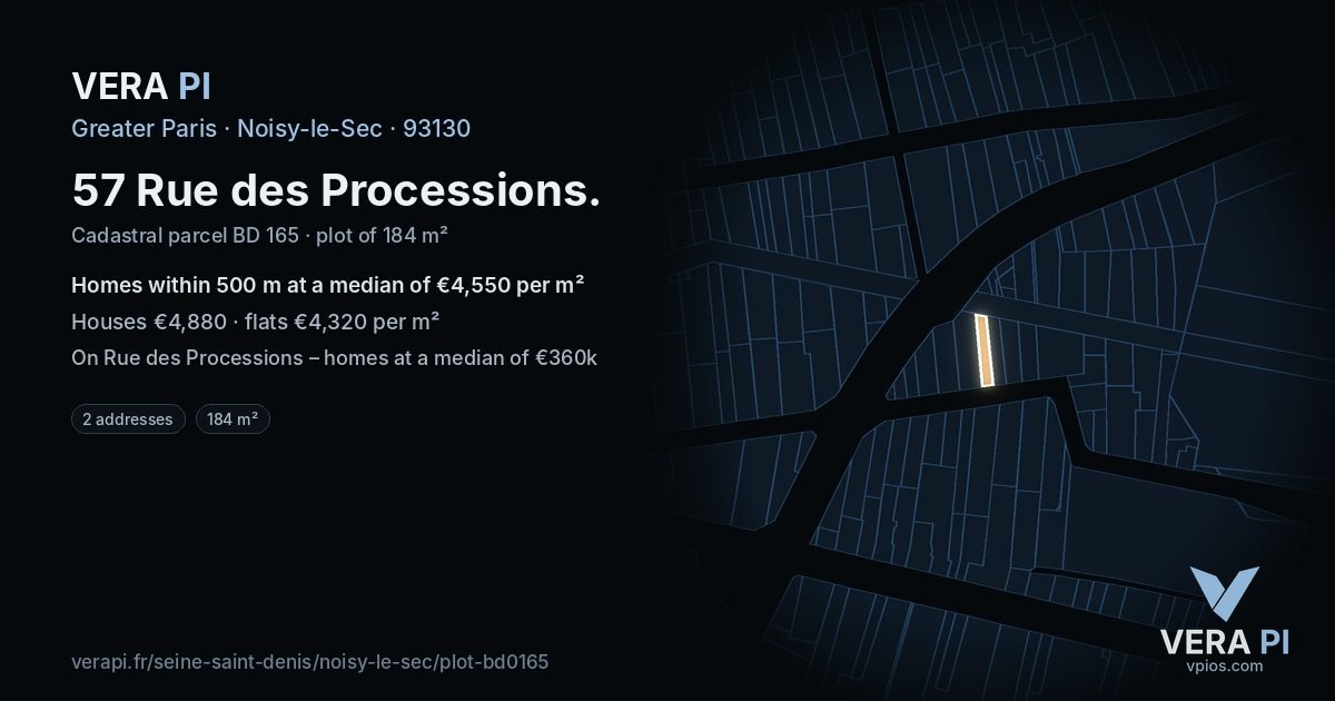 57 Rue des Processions, Noisy-le-Sec at night – the plot lit, the parcels around coloured by the prices near them