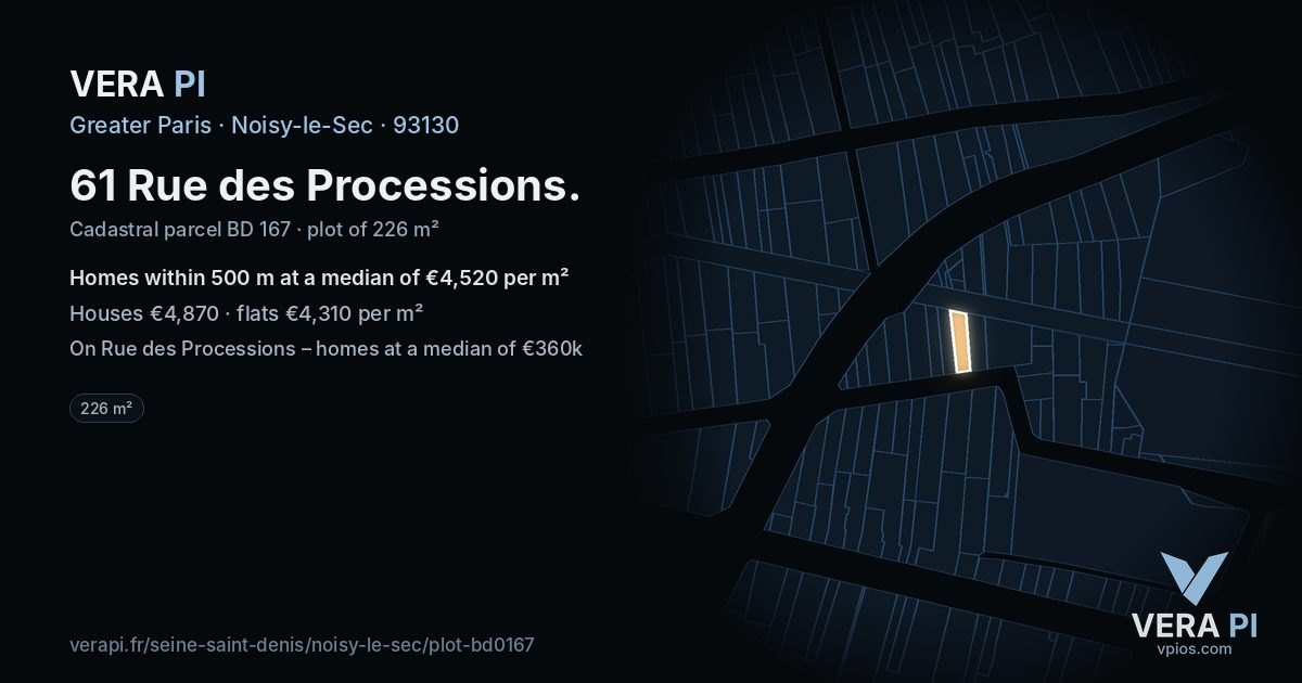 61 Rue des Processions, Noisy-le-Sec at night – the plot lit, the parcels around coloured by the prices near them