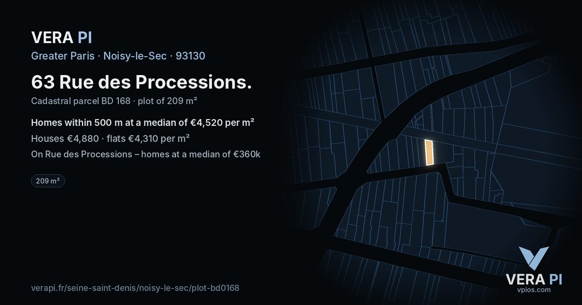 63 Rue des Processions, Noisy-le-Sec at night – the plot lit, the parcels around coloured by the prices near them