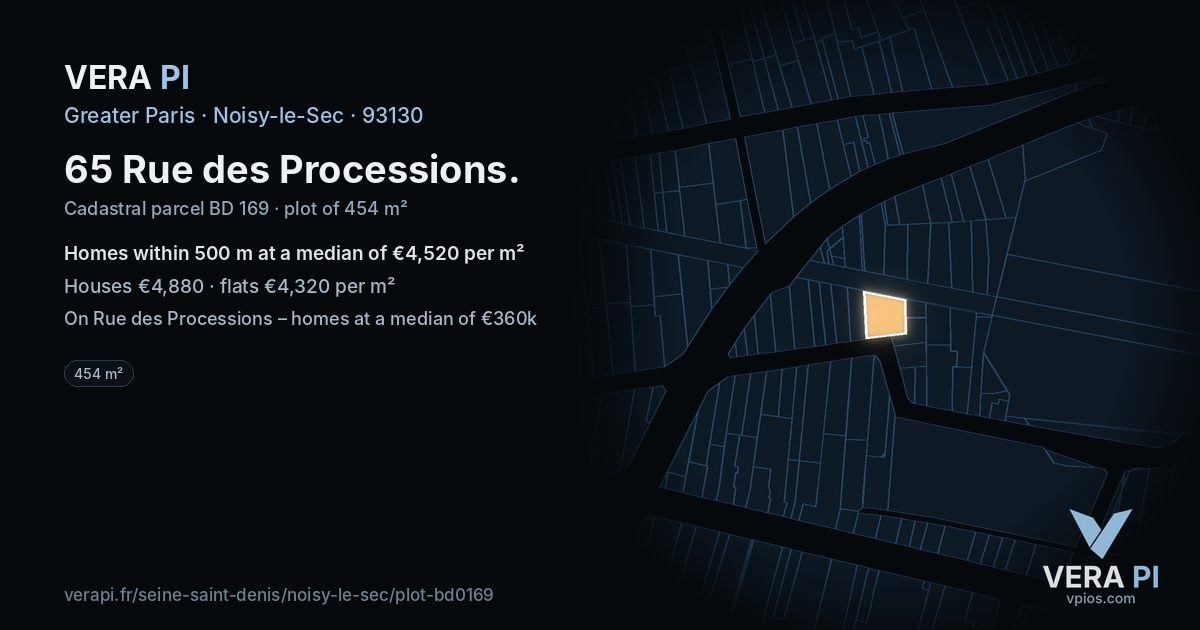 65 Rue des Processions, Noisy-le-Sec at night – the plot lit, the parcels around coloured by the prices near them
