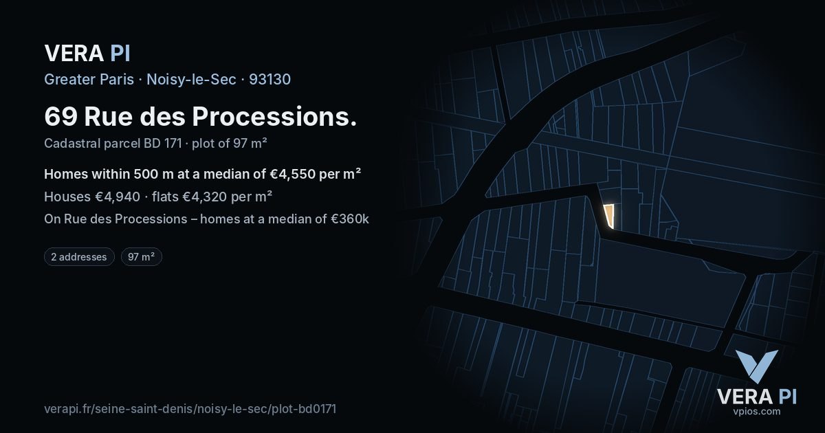 69 Rue des Processions, Noisy-le-Sec at night – the plot lit, the parcels around coloured by the prices near them