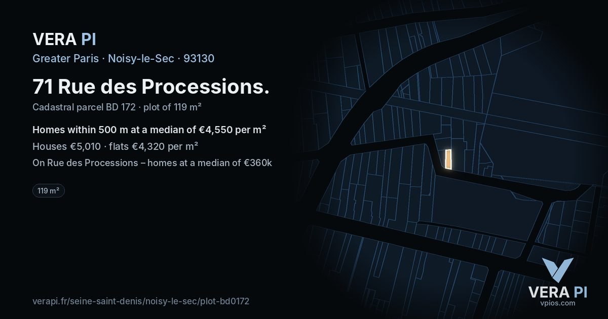 71 Rue des Processions, Noisy-le-Sec at night – the plot lit, the parcels around coloured by the prices near them