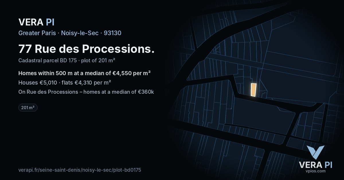 77 Rue des Processions, Noisy-le-Sec at night – the plot lit, the parcels around coloured by the prices near them