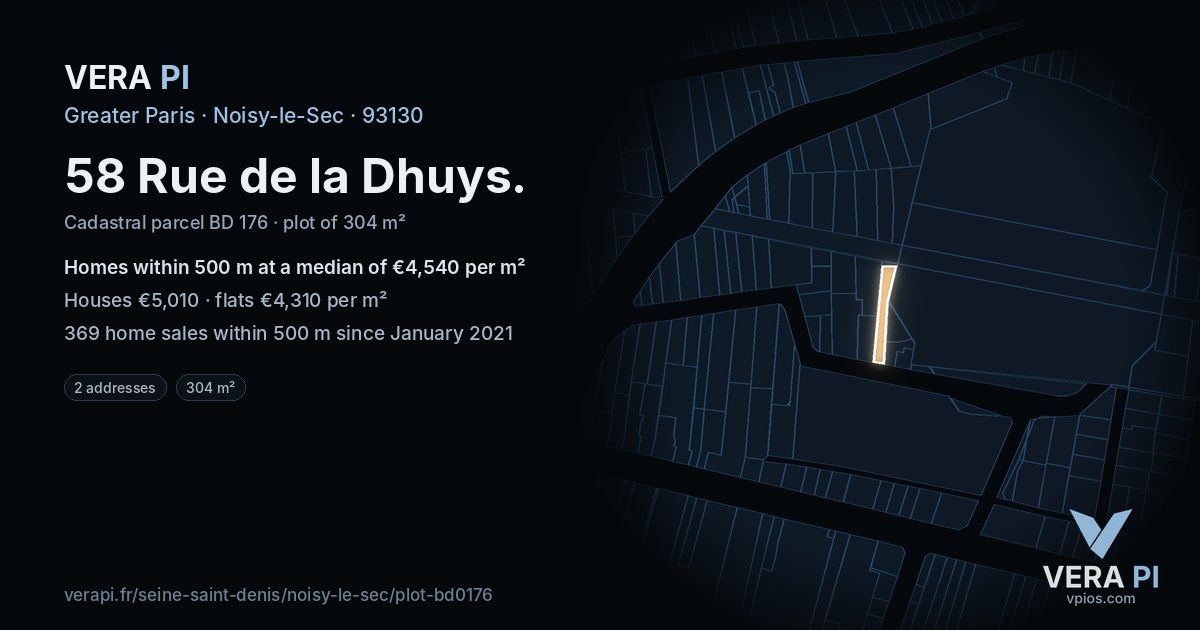 58 Rue de la Dhuys, Noisy-le-Sec at night – the plot lit, the parcels around coloured by the prices near them