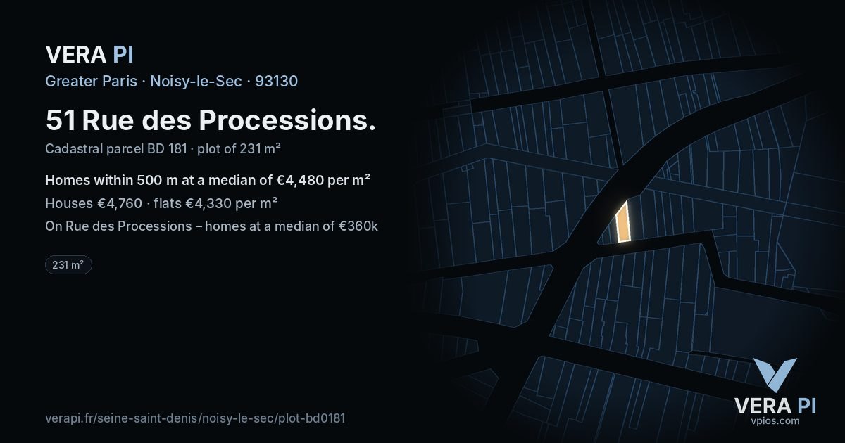 51 Rue des Processions, Noisy-le-Sec at night – the plot lit, the parcels around coloured by the prices near them