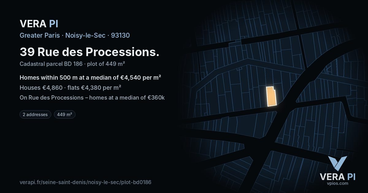 39 Rue des Processions, Noisy-le-Sec at night – the plot lit, the parcels around coloured by the prices near them