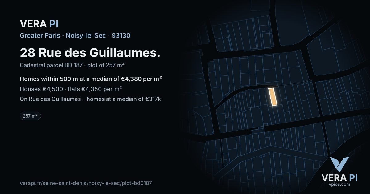 28 Rue des Guillaumes, Noisy-le-Sec at night – the plot lit, the parcels around coloured by the prices near them