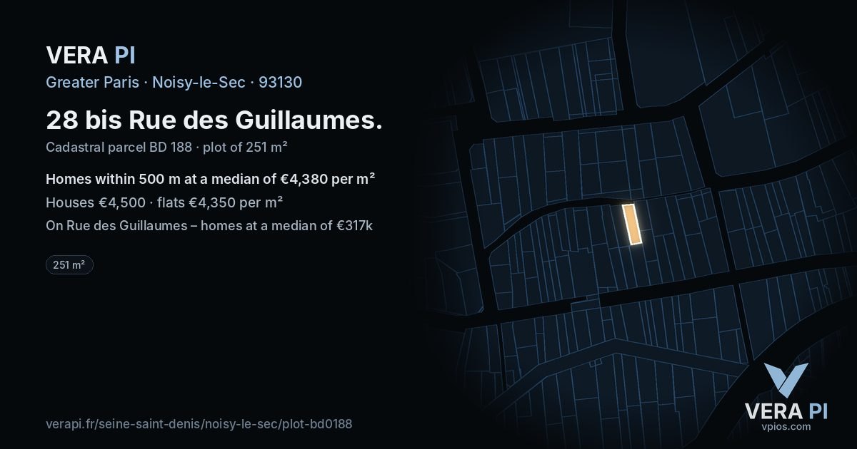 28 bis Rue des Guillaumes, Noisy-le-Sec at night – the plot lit, the parcels around coloured by the prices near them
