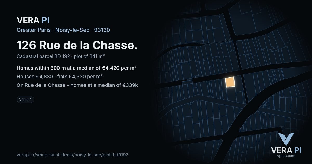 126 Rue de la Chasse, Noisy-le-Sec at night – the plot lit, the parcels around coloured by the prices near them